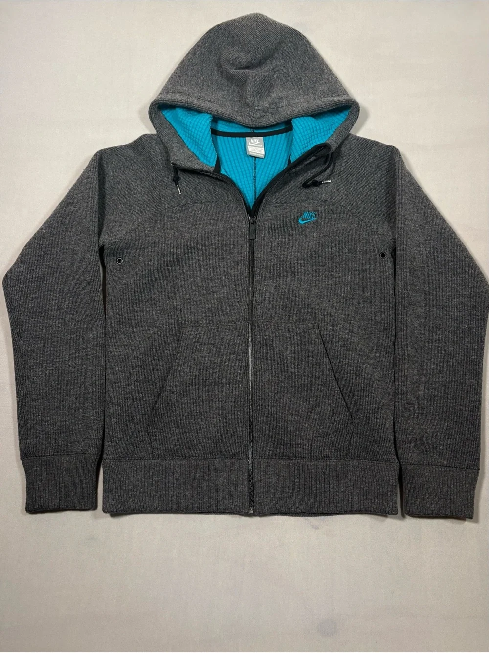 Nike AW77 Ascent Wool Full Zip Hoodie Grey Charcoal Turquoise Mens Small EUC